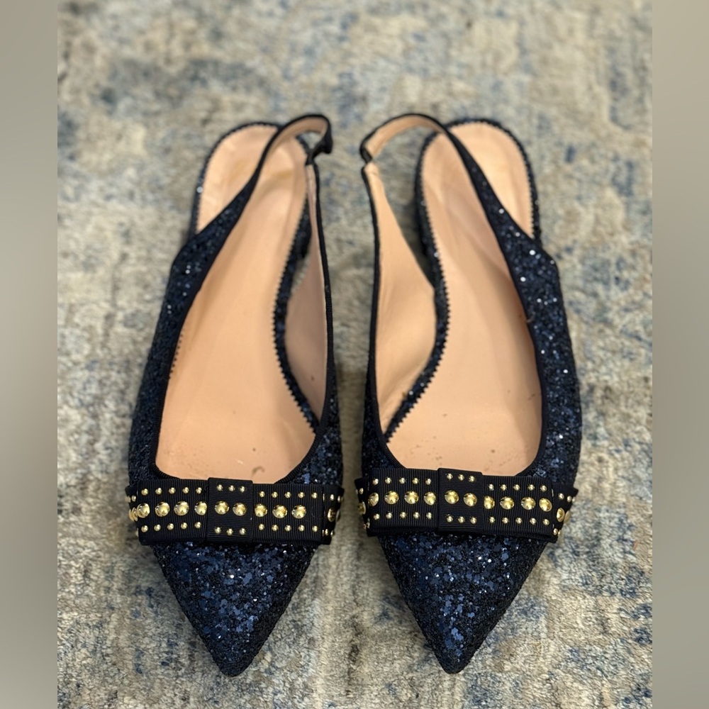 Navy and Black Glitter Slingback Flats with Gold Studs
